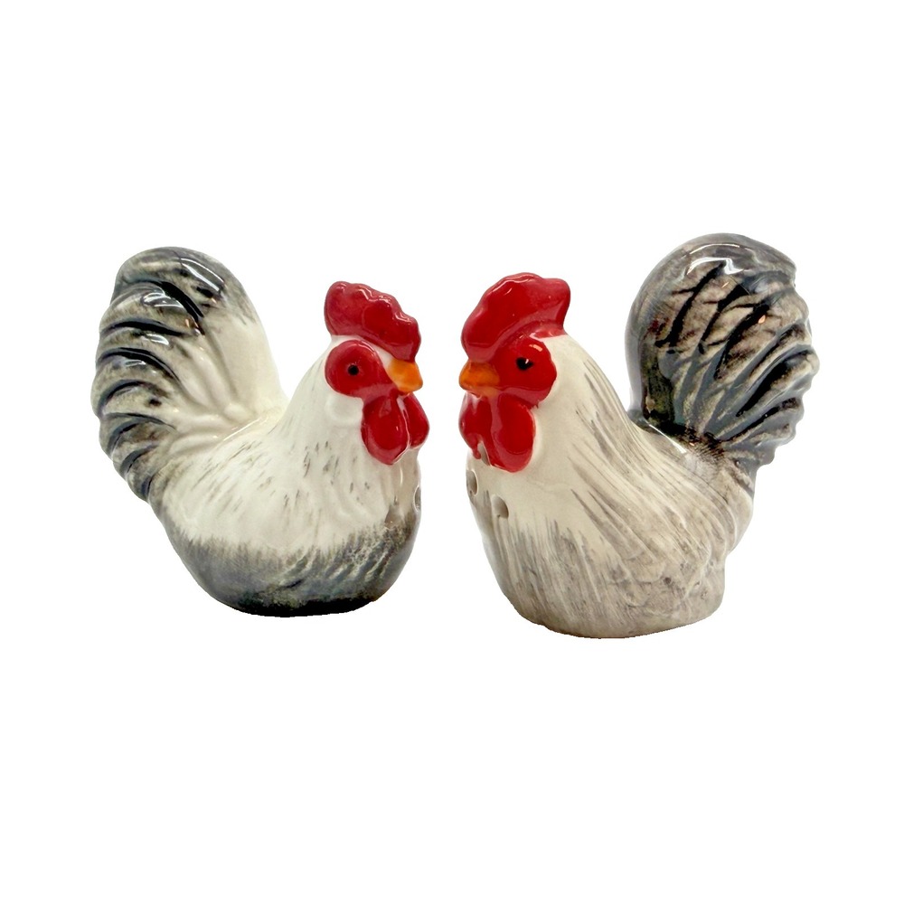 Ceramic Black White & Grey Mottled Rooster & Hen Salt & Pepper Shakers Farmhouse